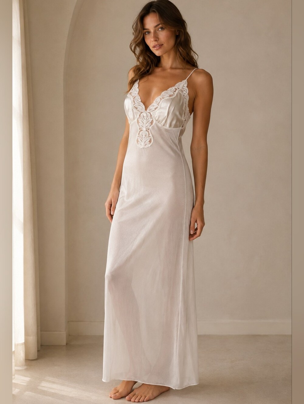 Vintage Val Mode Ivory Lace Satin Nylon Maxi Nightgown Small